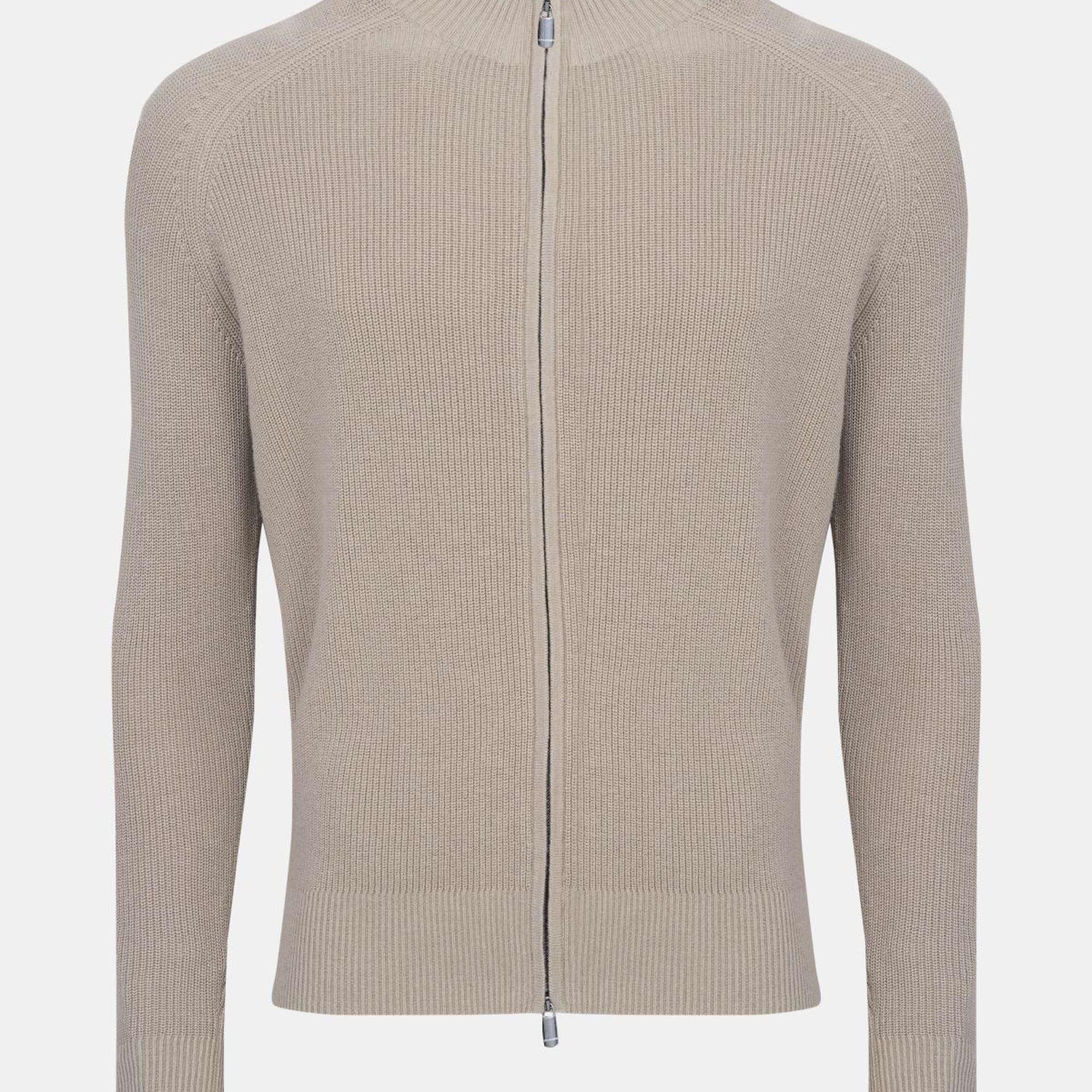 Erkek Bej Pamuk Kaşmir Karışımlı Fermuarlı Hırka