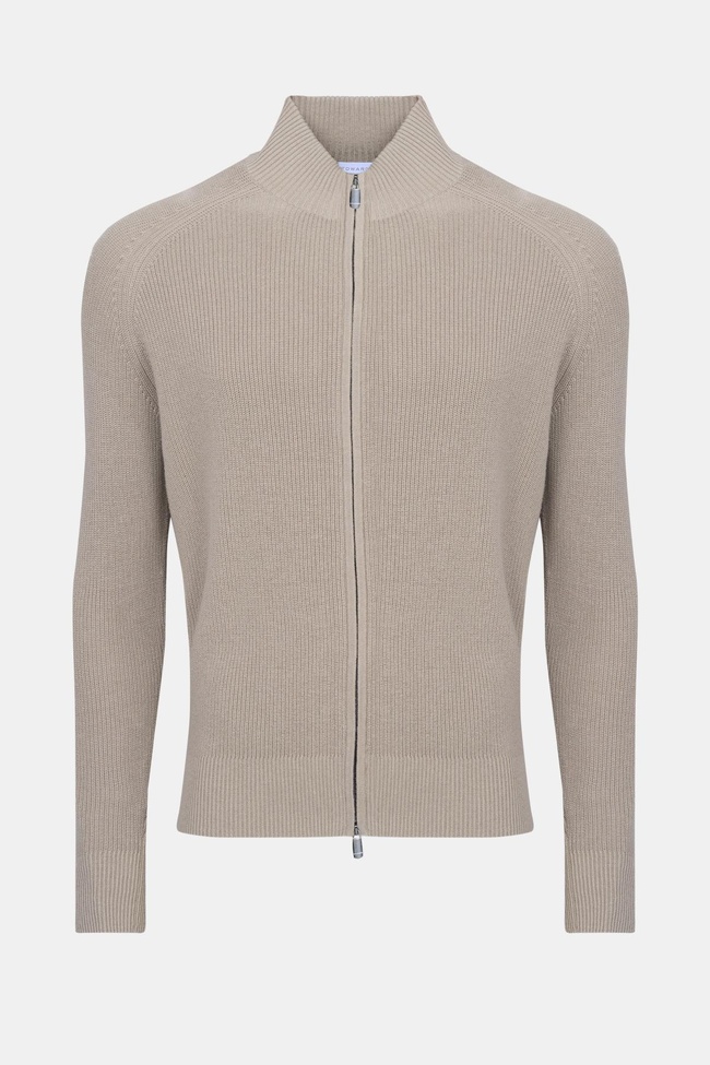  Erkek Bej Pamuk Kaşmir Karışımlı Fermuarlı Hırka