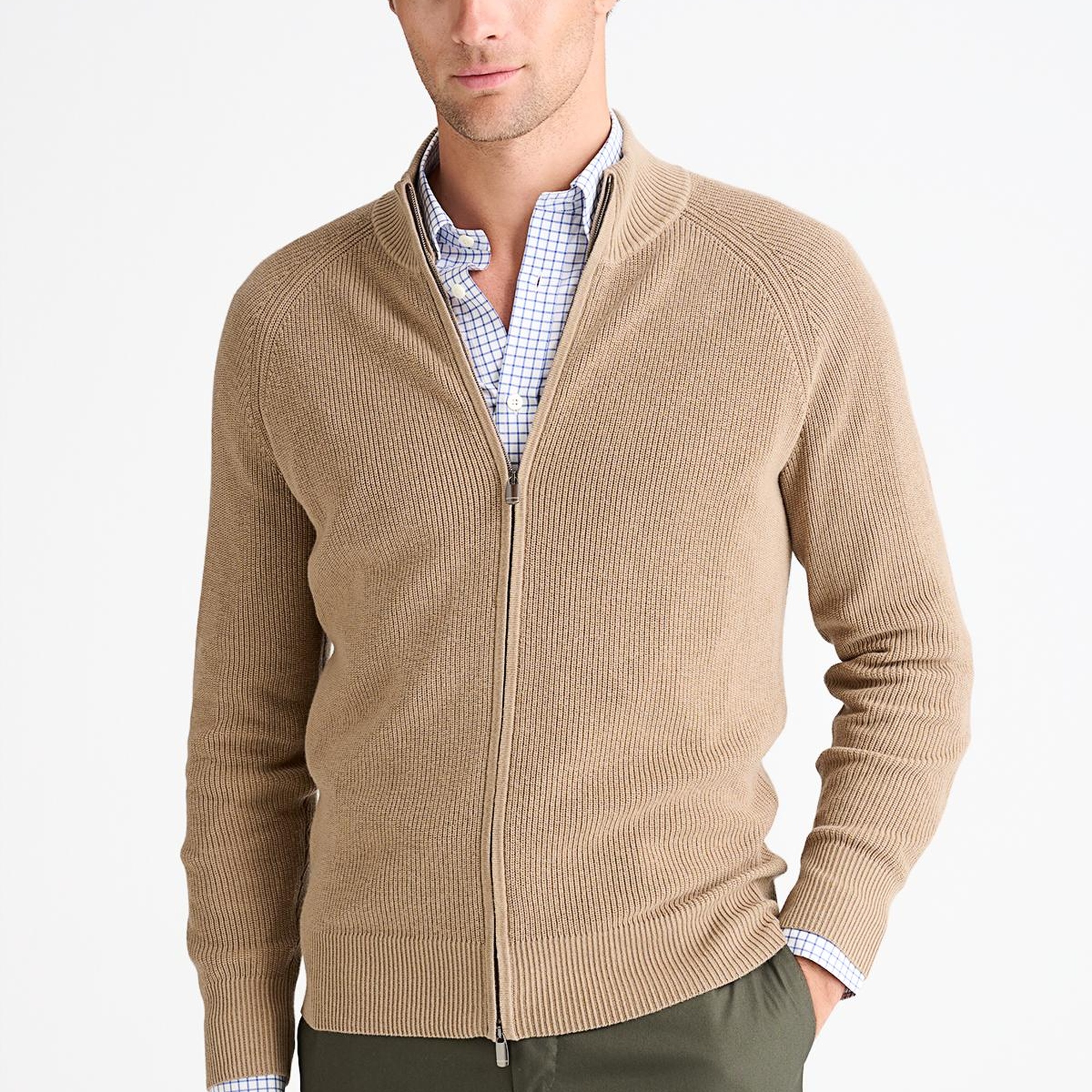 Erkek Bej Pamuk Kaşmir Karışımlı Fermuarlı Hırka