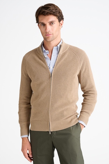  Erkek Bej Pamuk Kaşmir Karışımlı Fermuarlı Hırka