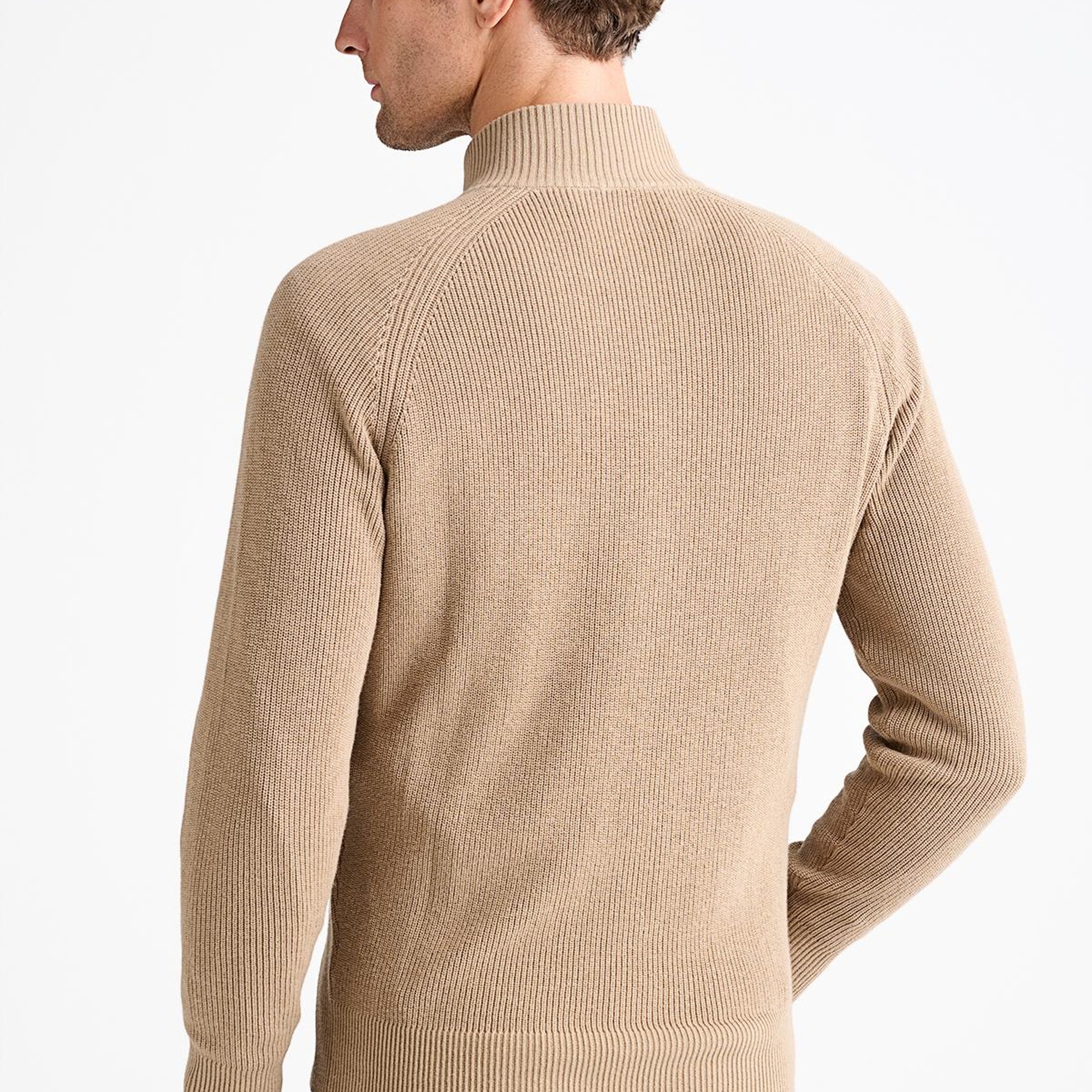 Erkek Bej Pamuk Kaşmir Karışımlı Fermuarlı Hırka