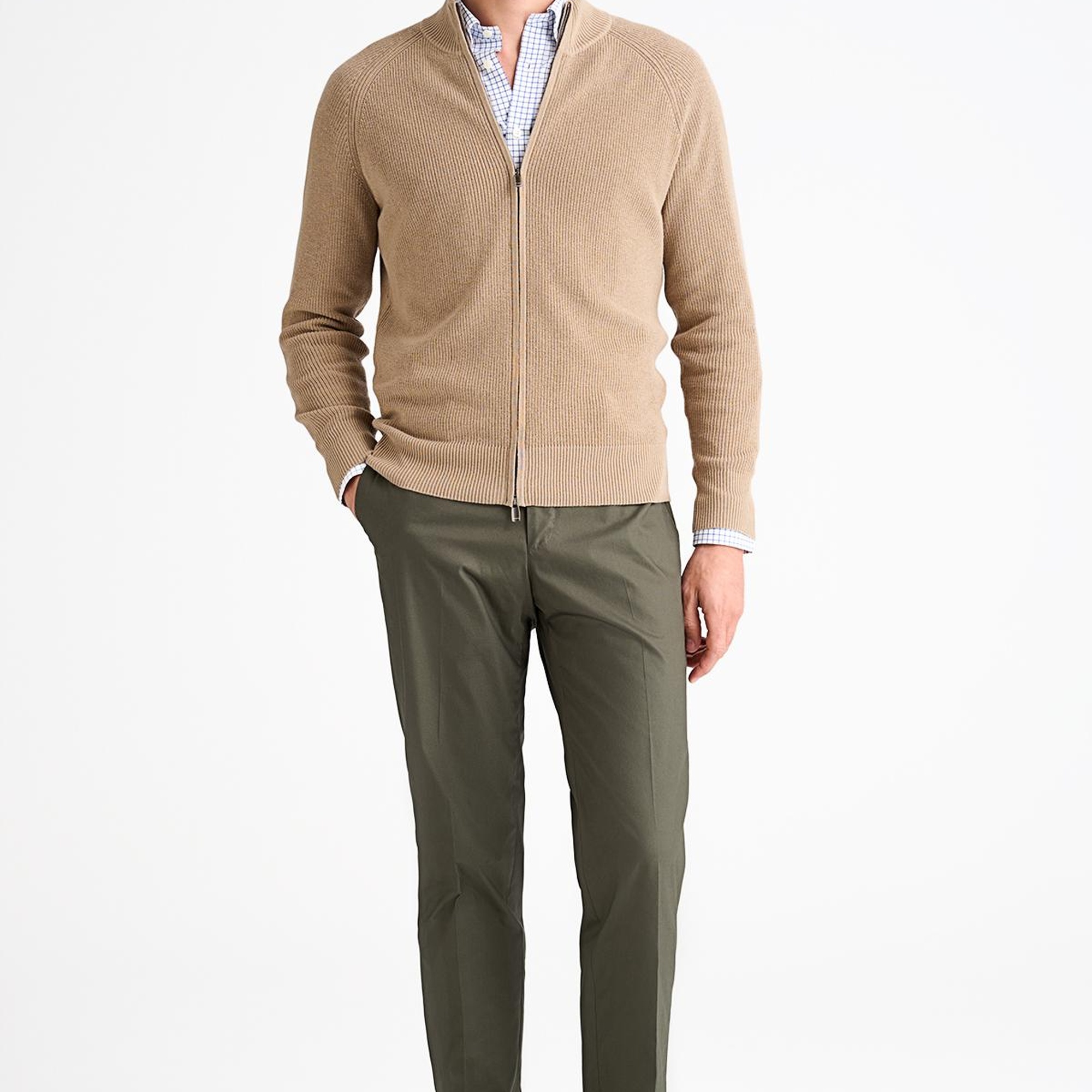 Erkek Bej Pamuk Kaşmir Karışımlı Fermuarlı Hırka