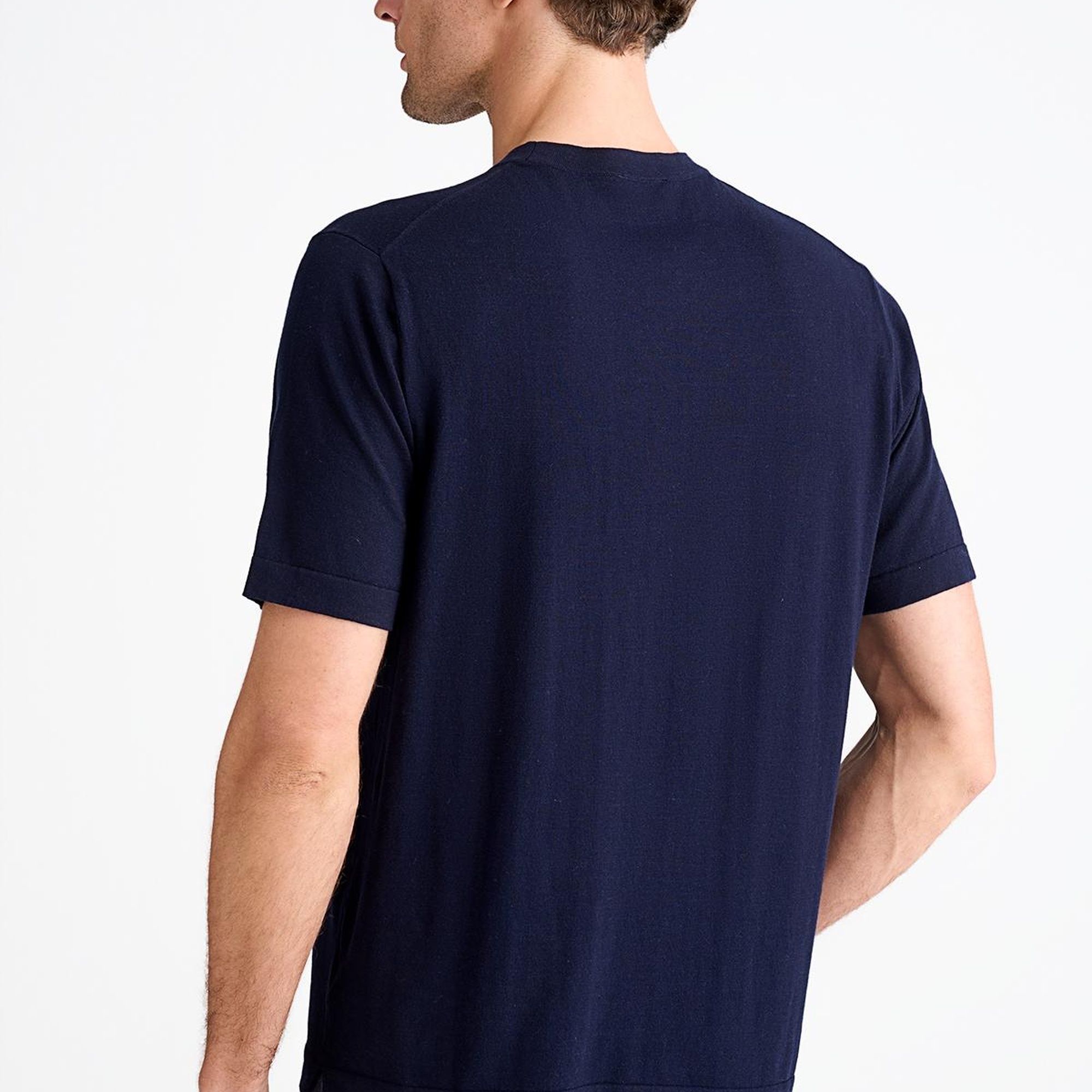 Erkek Lacivert Pamuk İpek Karışımlı Kısa Kollu Kazak