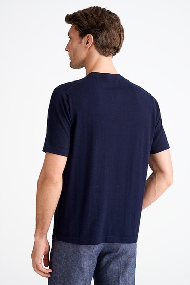  Erkek Lacivert Pamuk İpek Karışımlı Kısa Kollu Kazak