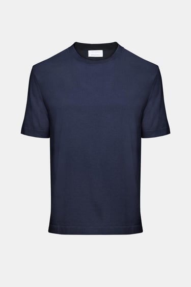  Erkek Lacivert Pamuk İpek Karışımlı Kısa Kollu Kazak