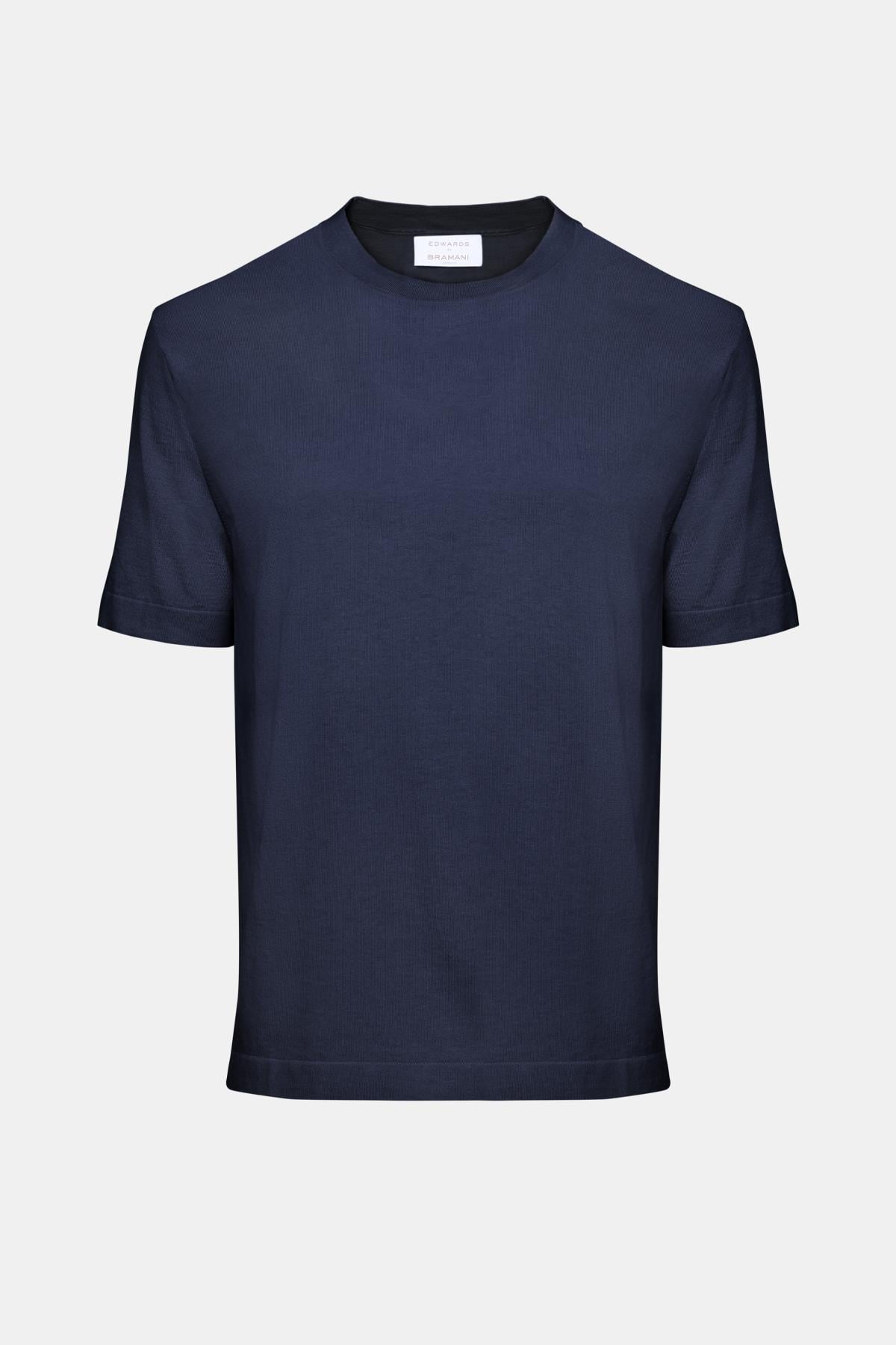  Erkek Lacivert Pamuk İpek Karışımlı Kısa Kollu Kazak