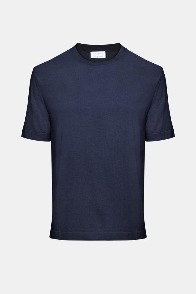  Erkek Lacivert Pamuk İpek Karışımlı Kısa Kollu Kazak