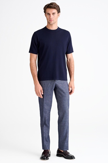  Erkek Lacivert Pamuk İpek Karışımlı Kısa Kollu Kazak