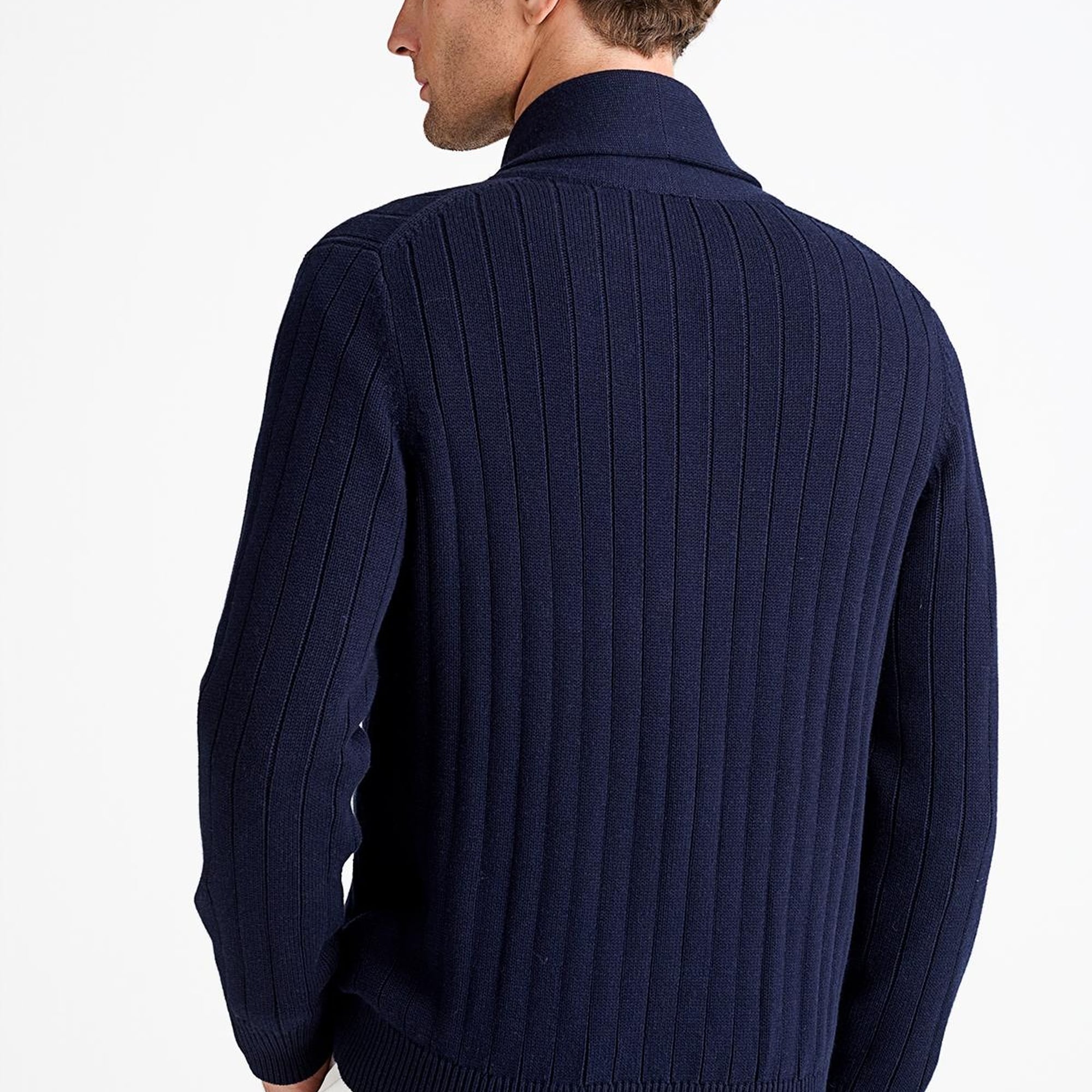 Erkek Lacivert Pamuk Kaşmir Karışımlı Şal Yaka Düğmeli Hırka