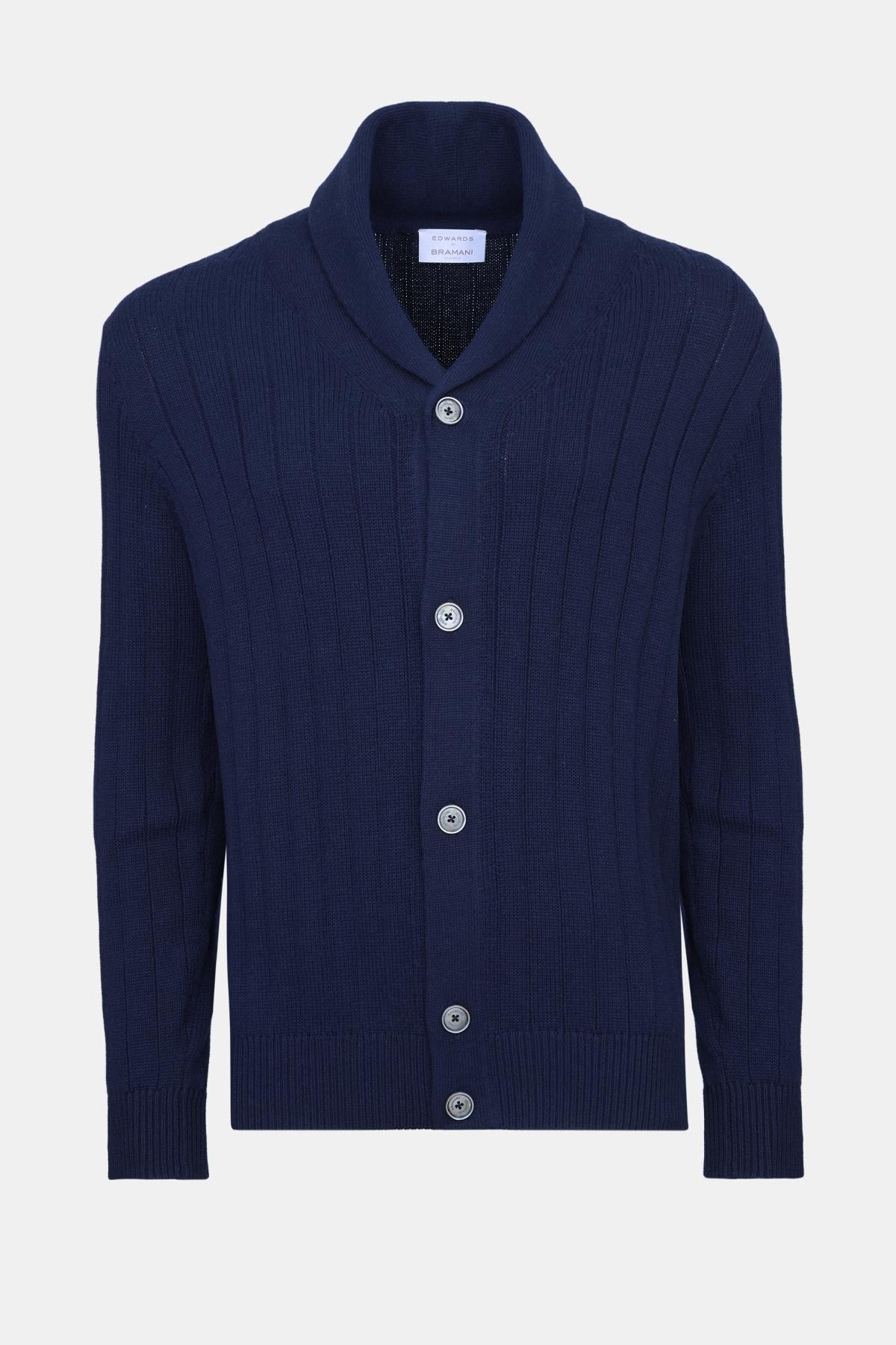  Erkek Lacivert Pamuk Kaşmir Karışımlı Şal Yaka Düğmeli Hırka