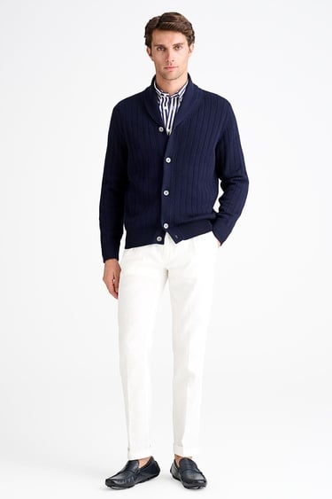  Erkek Lacivert Pamuk Kaşmir Karışımlı Şal Yaka Düğmeli Hırka