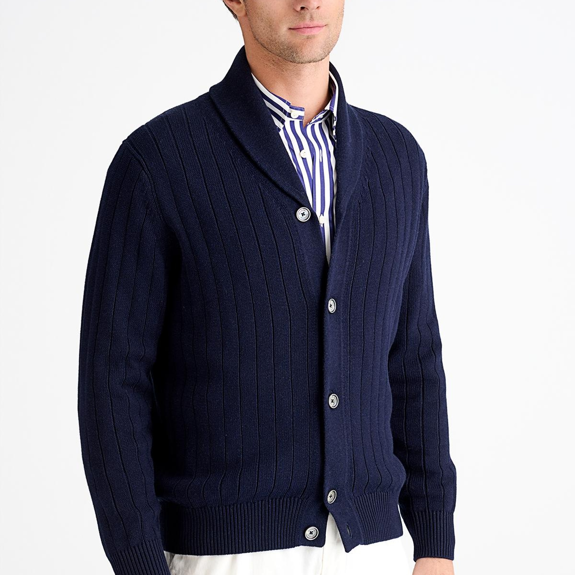 Erkek Lacivert Pamuk Kaşmir Karışımlı Şal Yaka Düğmeli Hırka