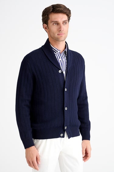  Erkek Lacivert Pamuk Kaşmir Karışımlı Şal Yaka Düğmeli Hırka