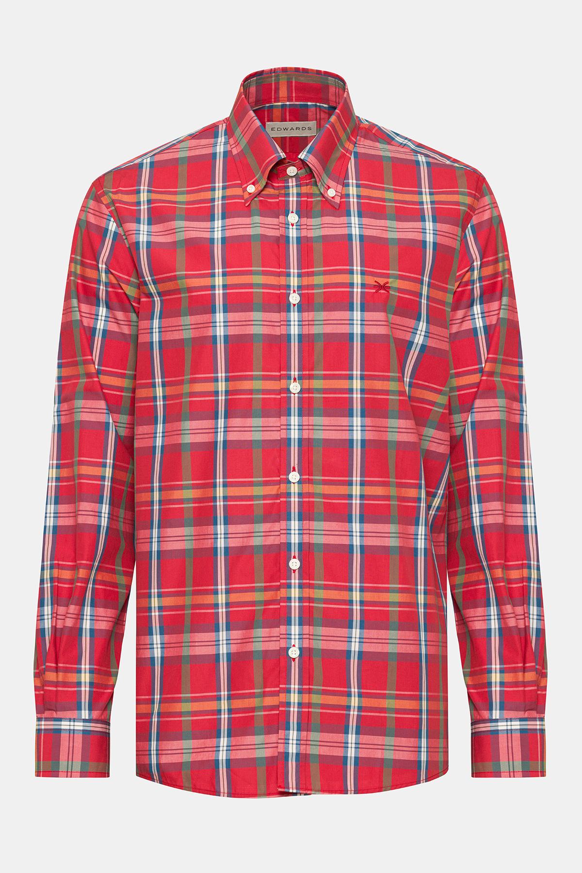  Erkek Kırmızı Cooper Fit Düğmeli Yaka Spor Gömlek