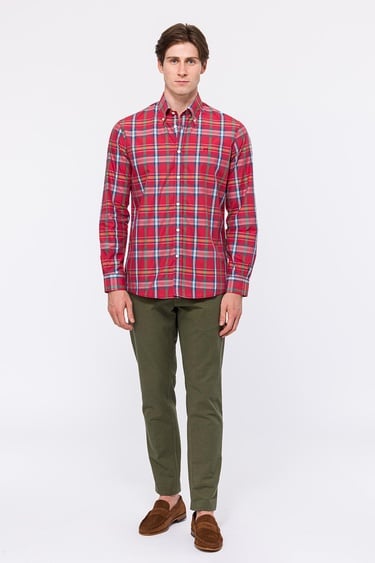  Erkek Kırmızı Cooper Fit Düğmeli Yaka Spor Gömlek