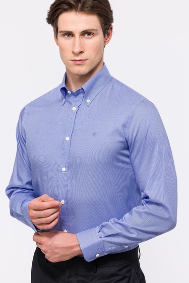  Erkek Lacivert Cooper Fit Düğmeli Yaka Klasik Gömlek