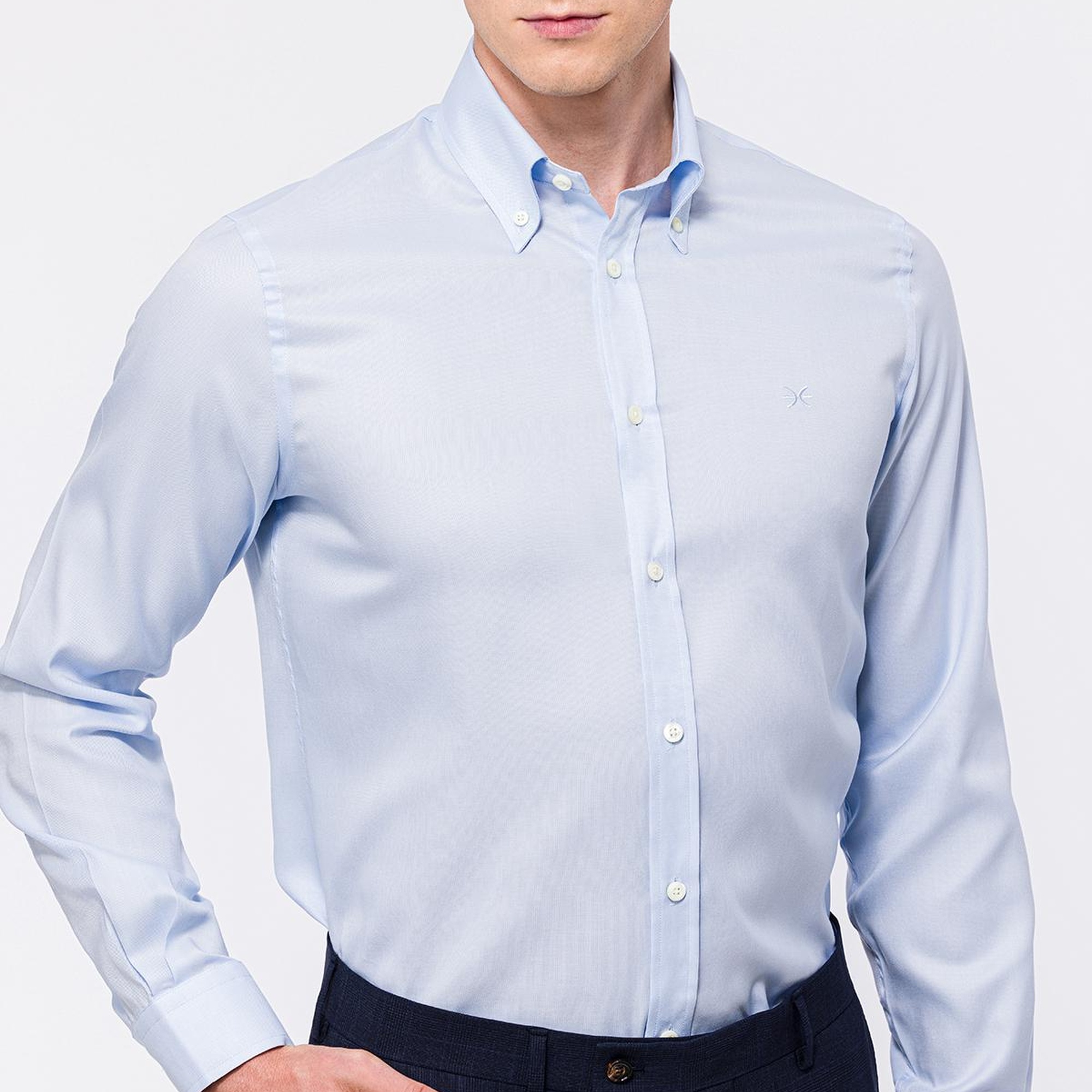 Erkek Açık Mavi Cooper Fit Düğmeli Yaka Klasik Gömlek