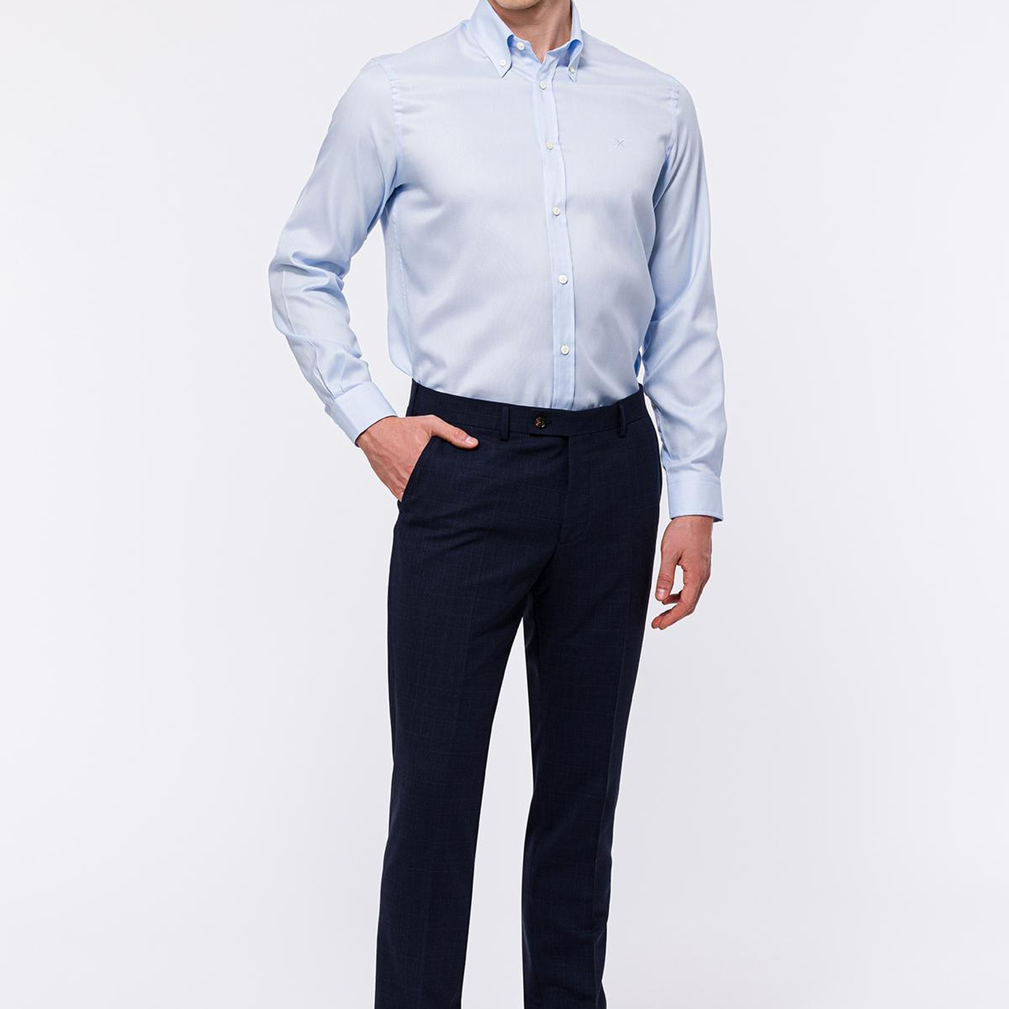 Erkek Açık Mavi Cooper Fit Düğmeli Yaka Klasik Gömlek