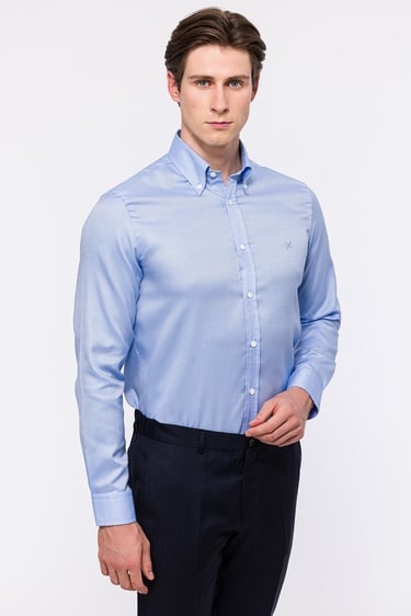  Erkek Koyu Mavi Oliver Fit Düğmeli Yaka Klasik Gömlek