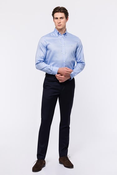  Erkek Koyu Mavi Oliver Fit Düğmeli Yaka Klasik Gömlek