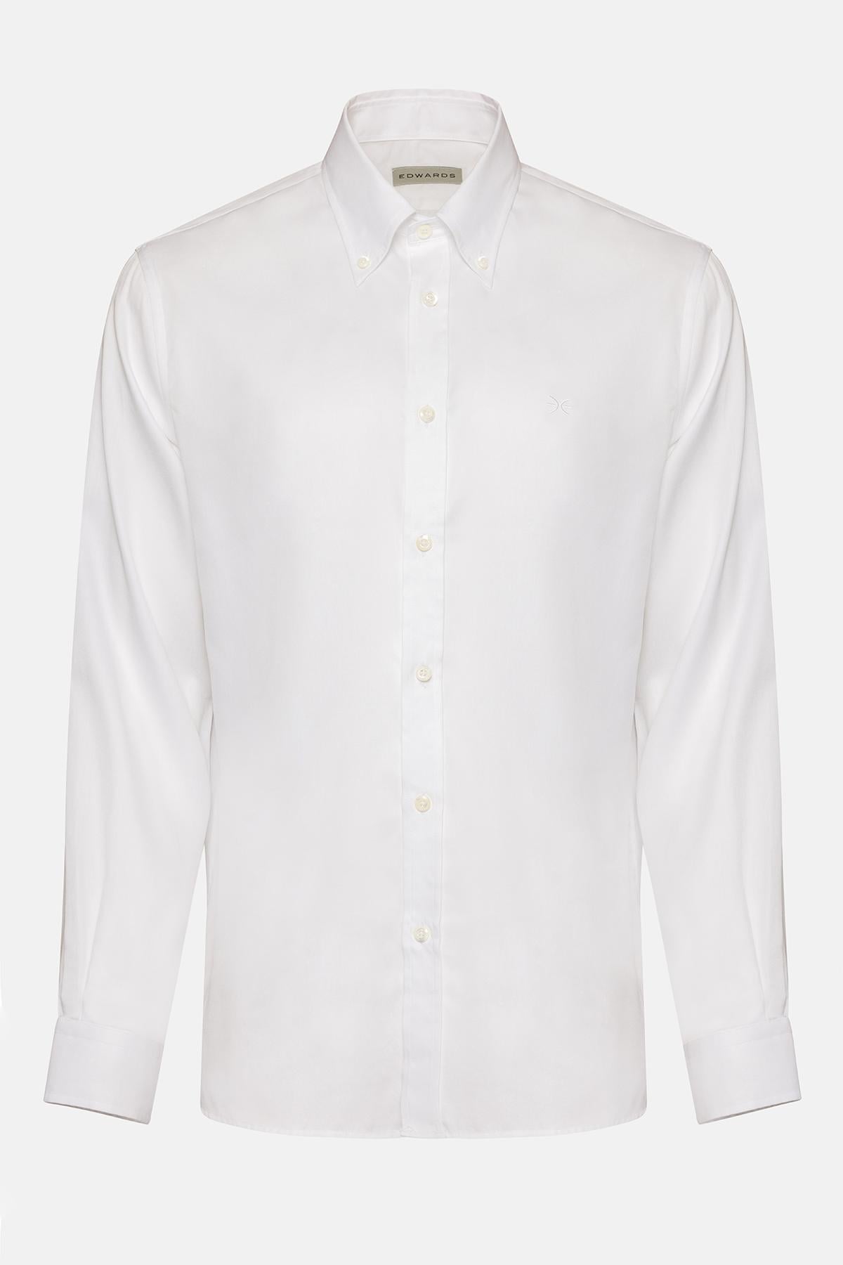  Erkek Beyaz Cooper Fit Düğmeli Yaka Klasik Gömlek