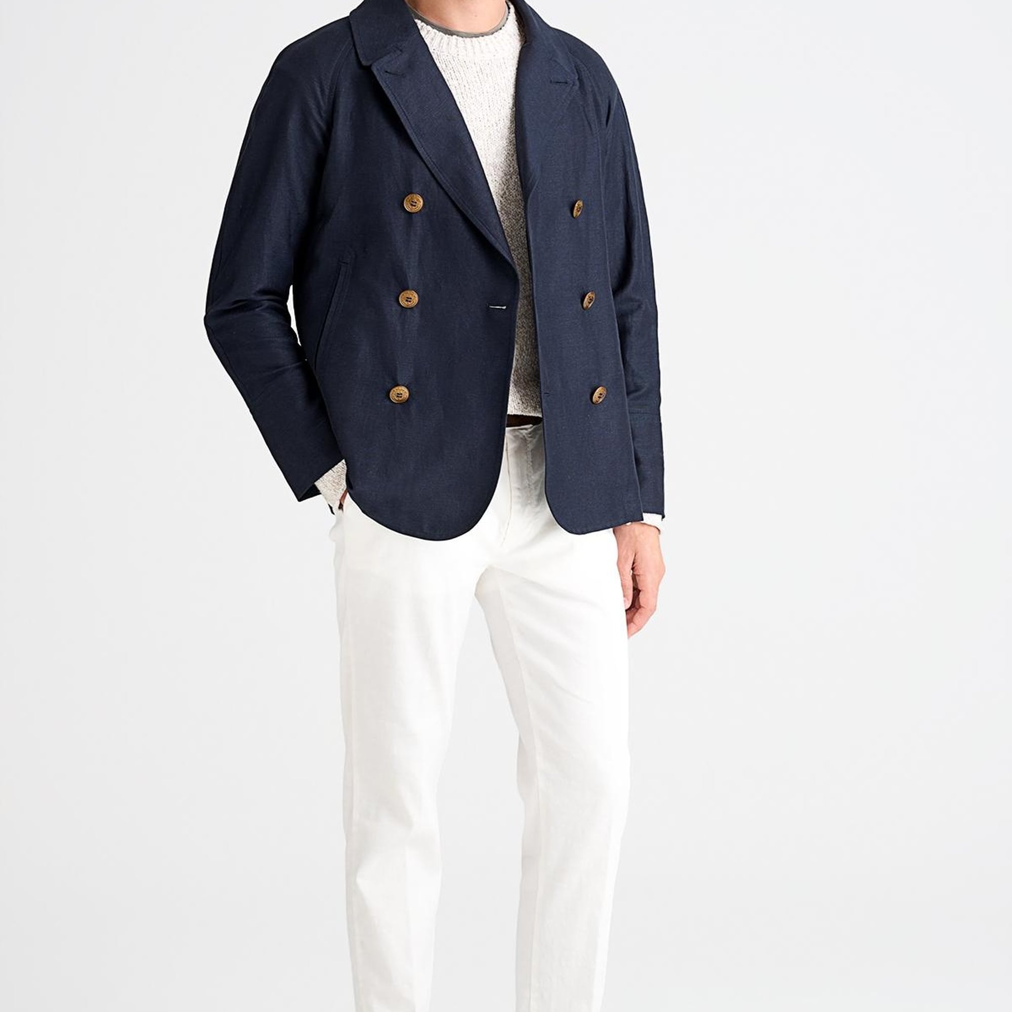 Erkek Lacivert Pamuk Keten Karışımlı Kruvaze Ceket