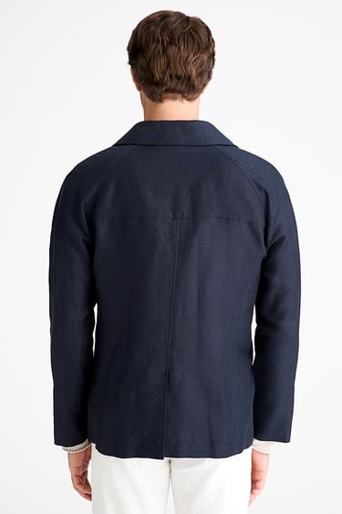  Erkek Lacivert Pamuk Keten Karışımlı Kruvaze Ceket