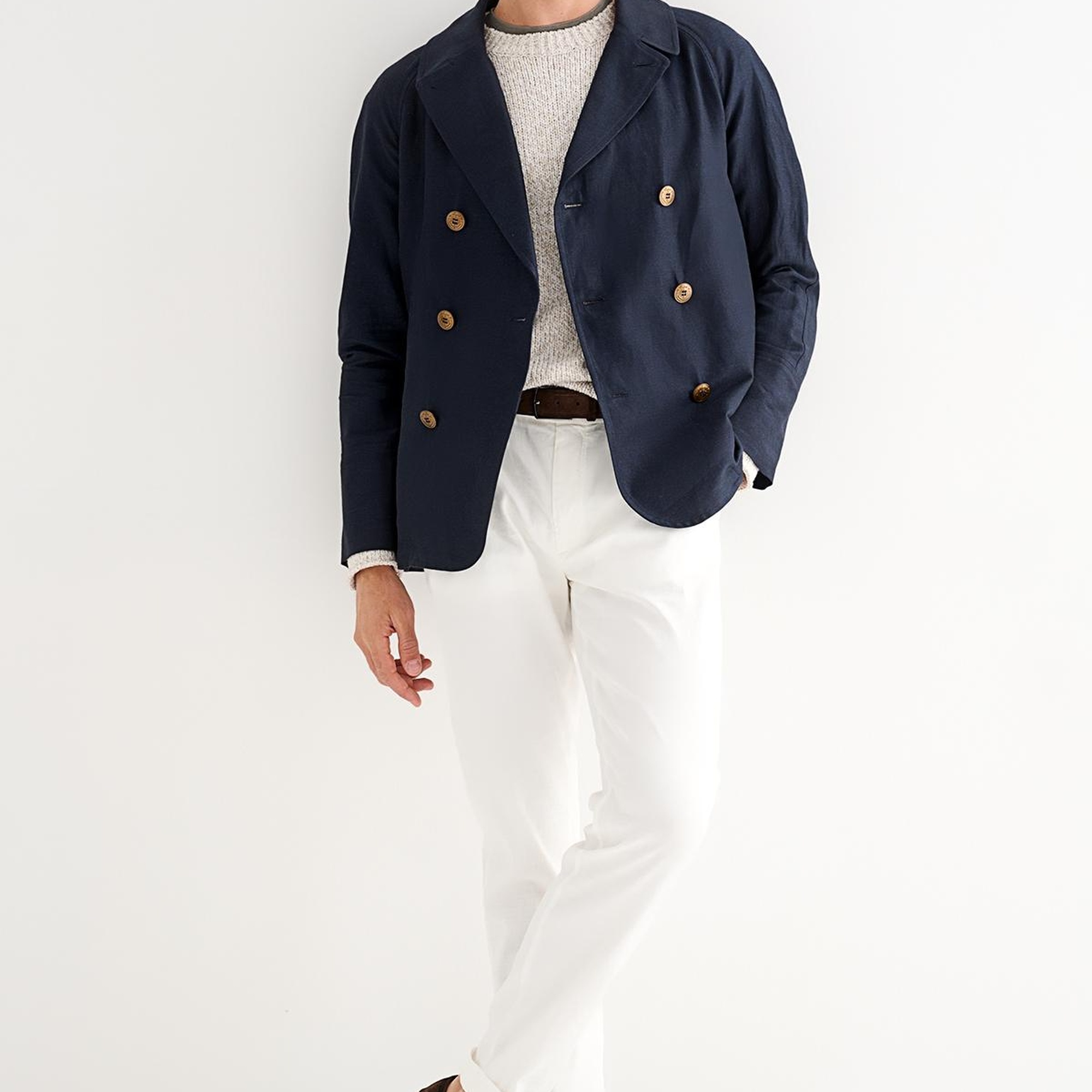 Erkek Lacivert Pamuk Keten Karışımlı Kruvaze Ceket