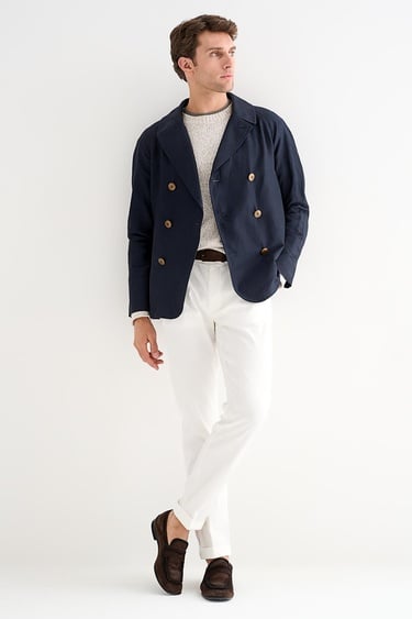  Erkek Lacivert Pamuk Keten Karışımlı Kruvaze Ceket