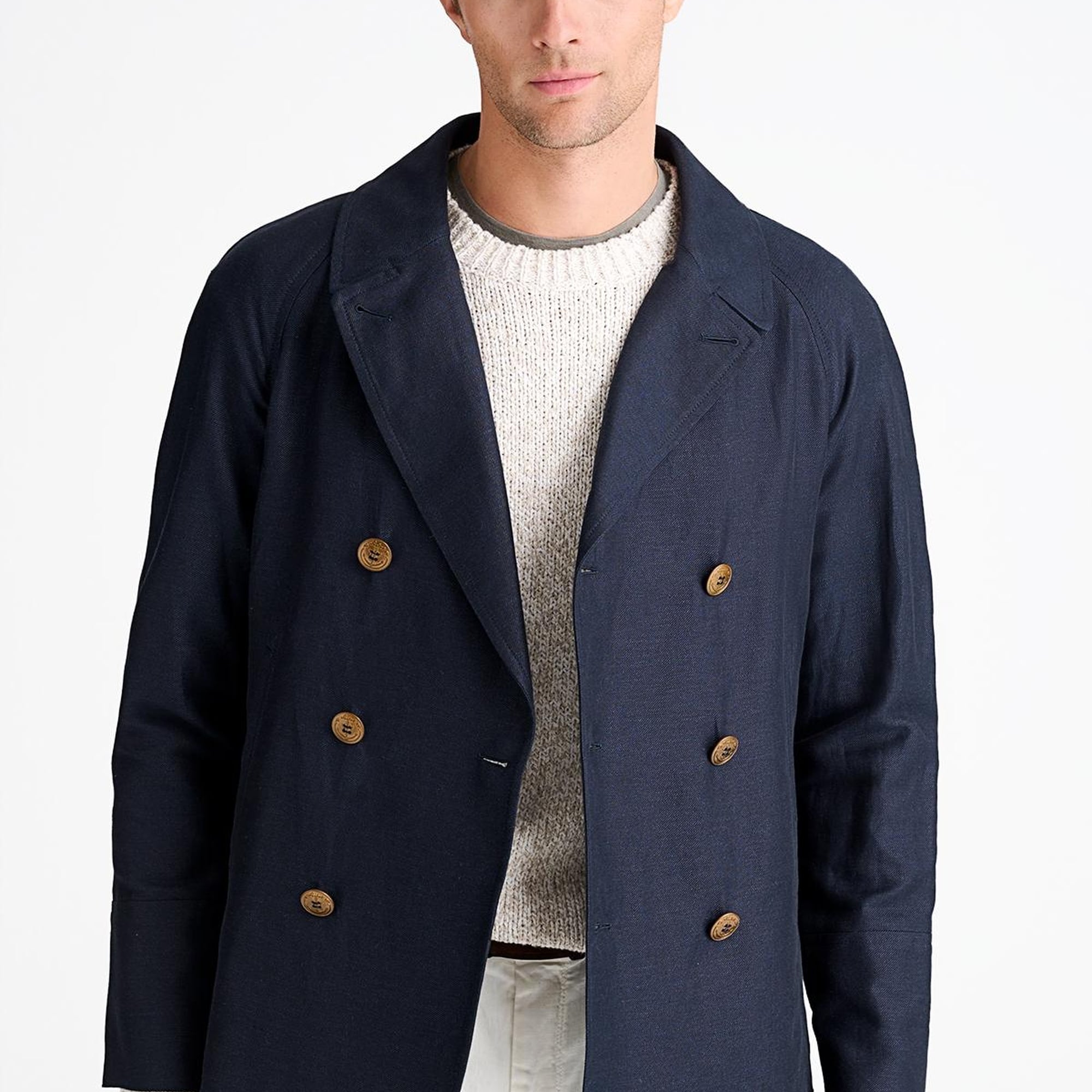 Erkek Lacivert Pamuk Keten Karışımlı Kruvaze Ceket