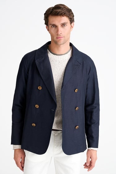  Erkek Lacivert Pamuk Keten Karışımlı Kruvaze Ceket