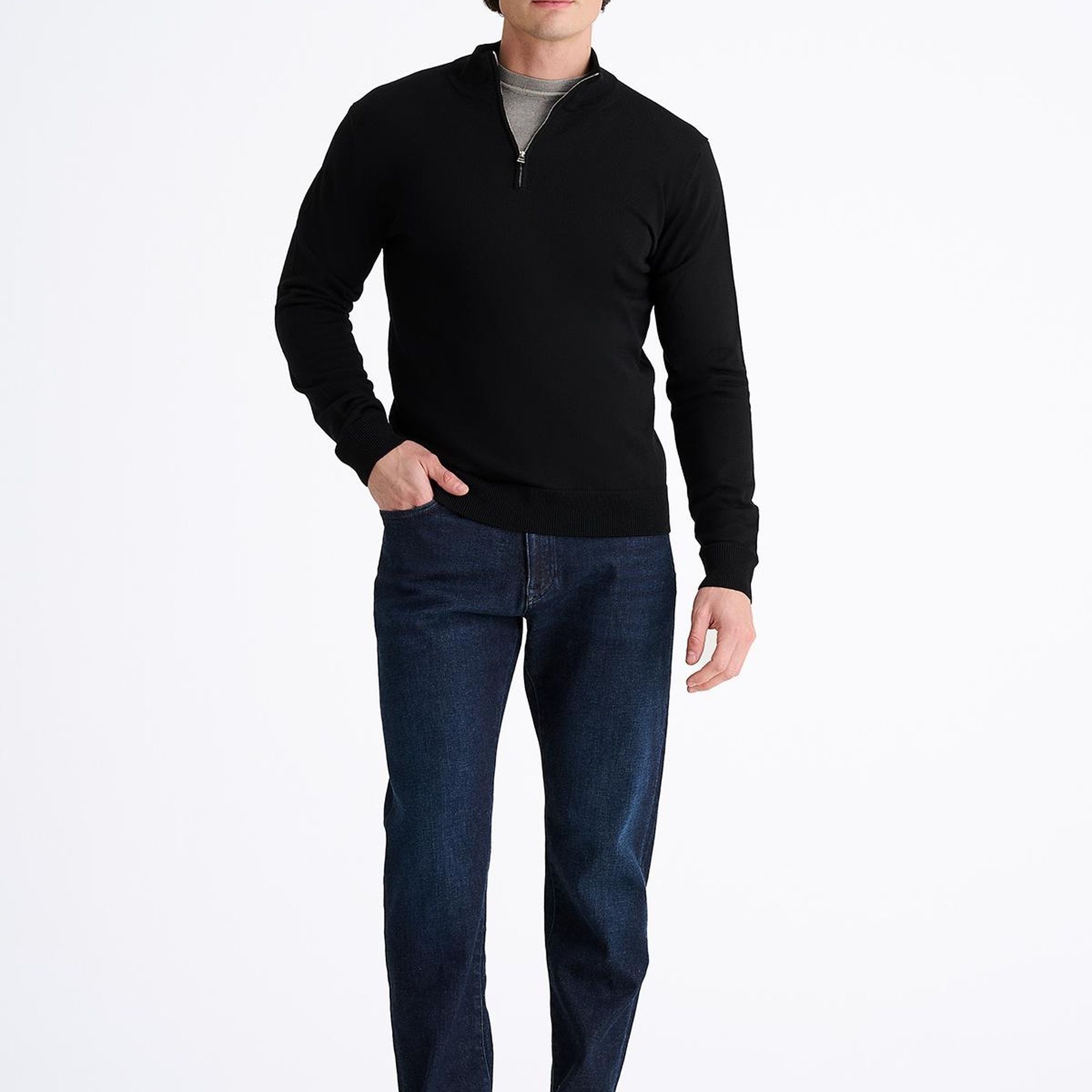 Erkek Siyah Extrafine Yün Yarım Fermuarlı Kazak