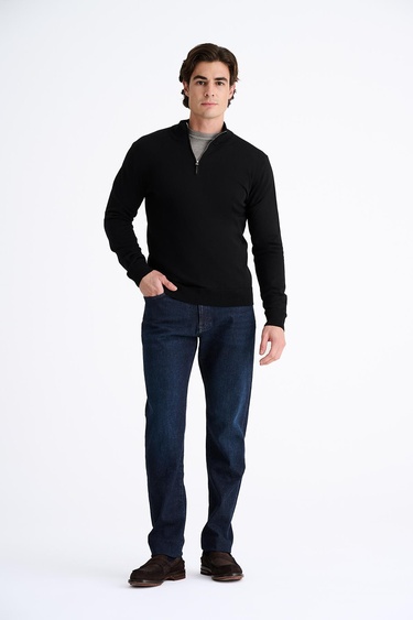  Erkek Siyah Extrafine Yün Yarım Fermuarlı Kazak