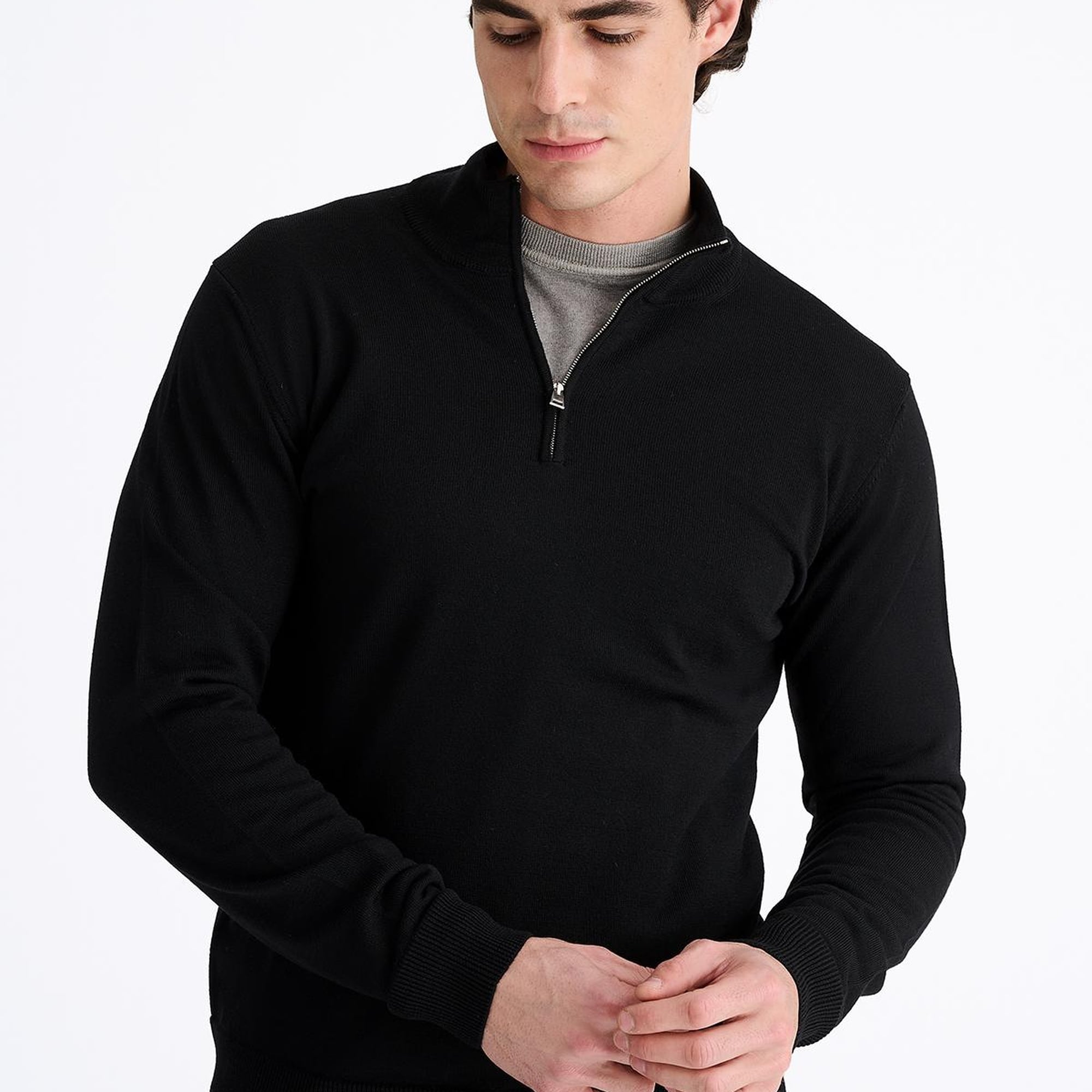 Erkek Siyah Extrafine Yün Yarım Fermuarlı Kazak