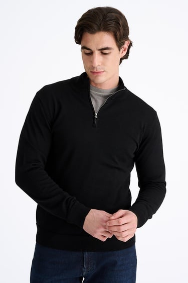  Erkek Siyah Extrafine Yün Yarım Fermuarlı Kazak