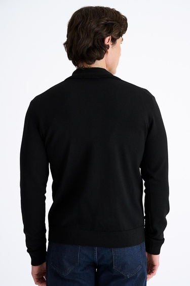  Erkek Siyah Extrafine Yün Yarım Fermuarlı Kazak