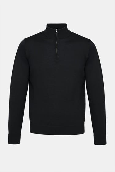  Erkek Siyah Extrafine Yün Yarım Fermuarlı Kazak