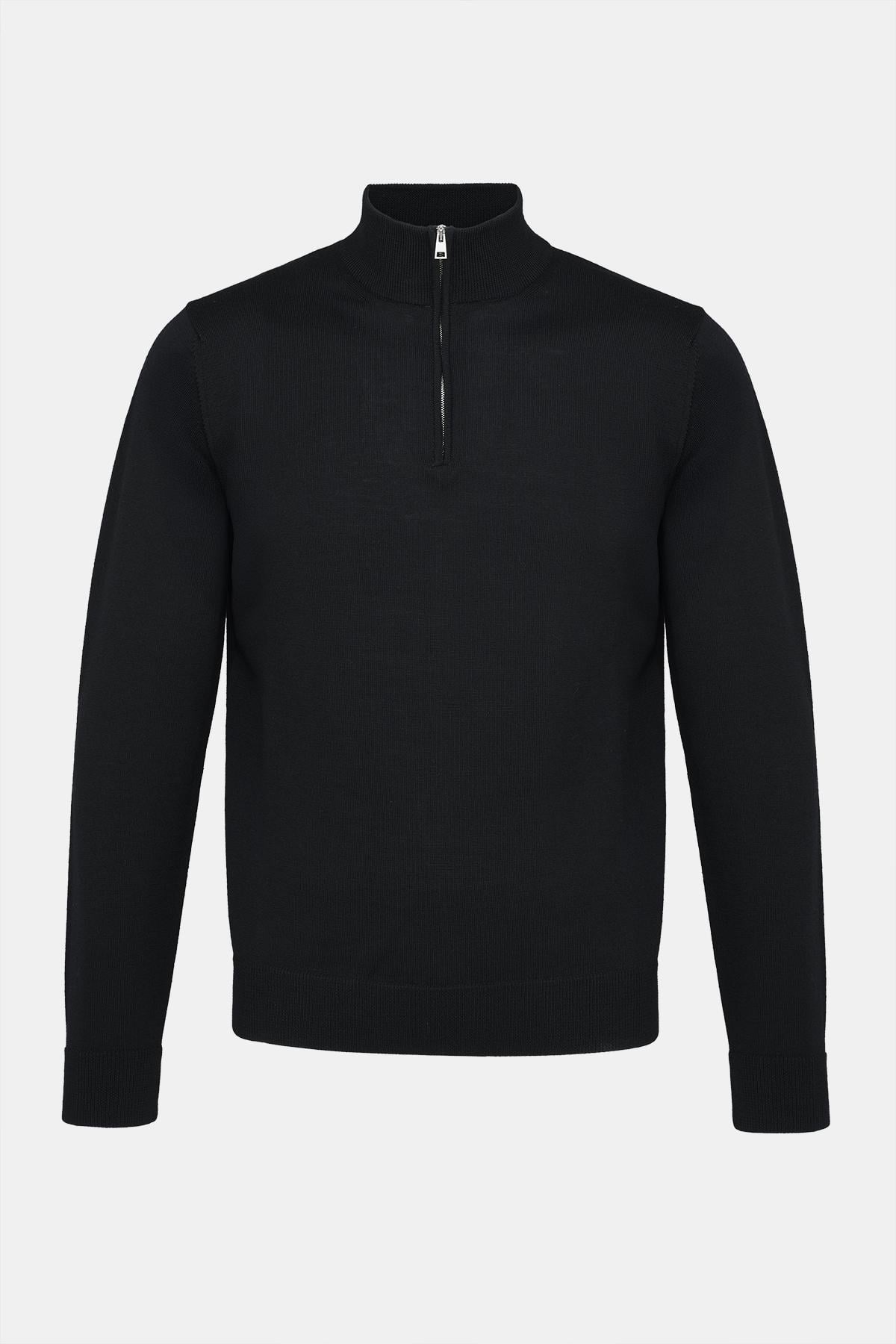  Erkek Siyah Extrafine Yün Yarım Fermuarlı Kazak