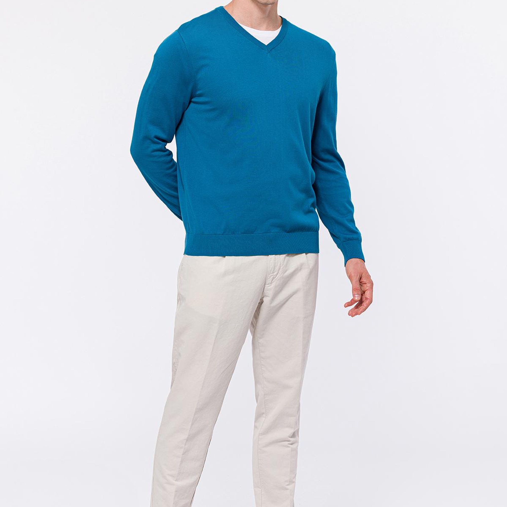 Erkek Petrol Organik Pamuklu V Yaka Kazak