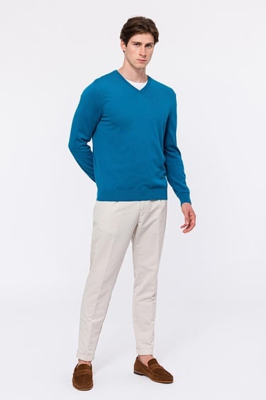  Erkek Petrol Organik Pamuklu V Yaka Kazak