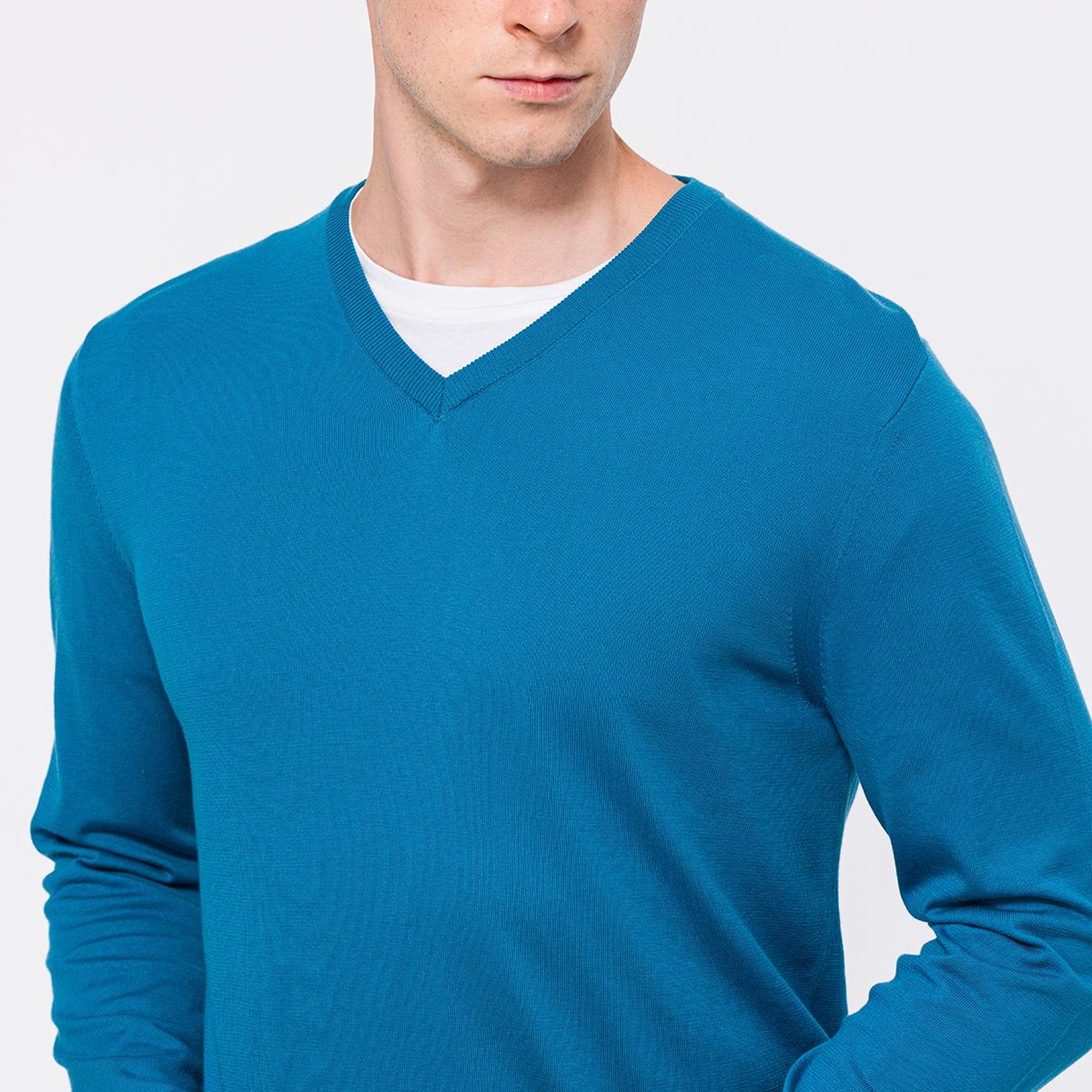 Erkek Petrol Organik Pamuklu V Yaka Kazak