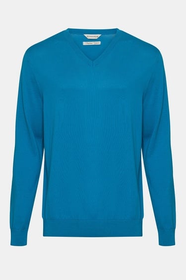  Erkek Petrol Organik Pamuklu V Yaka Kazak