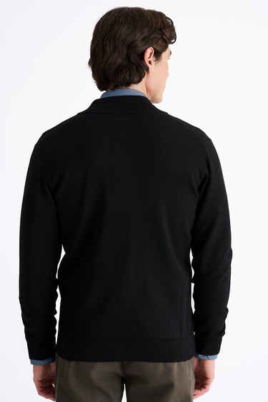  Erkek Siyah Extrafine Yün Fermuarlı Hırka