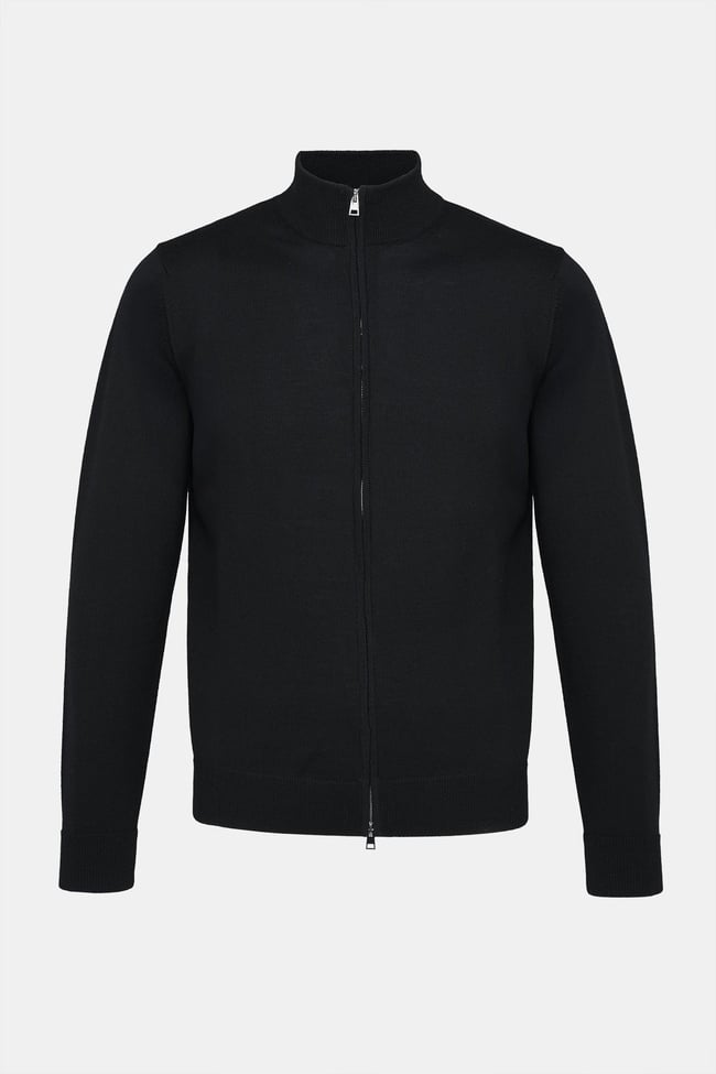  Erkek Siyah Extrafine Yün Fermuarlı Hırka