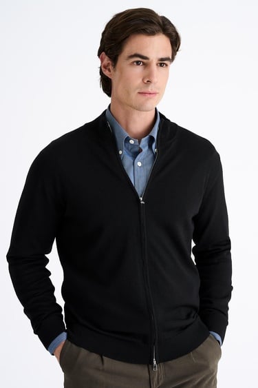  Erkek Siyah Extrafine Yün Fermuarlı Hırka