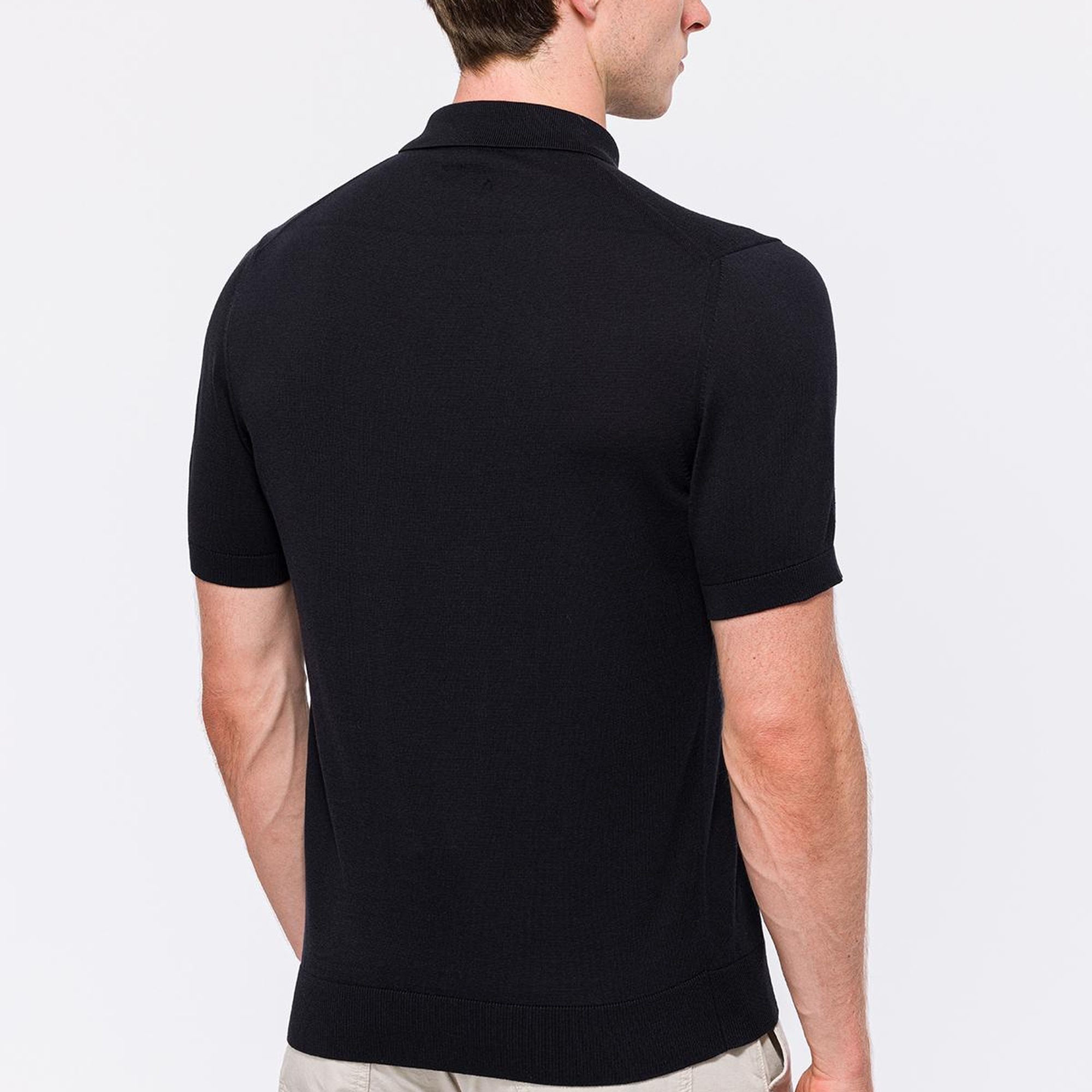 Erkek Siyah İpek Kısa Kollu Polo Yaka Kazak