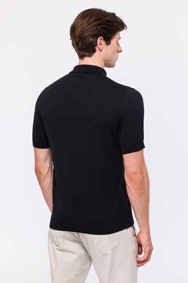 Erkek Siyah İpek Kısa Kollu Polo Yaka Kazak