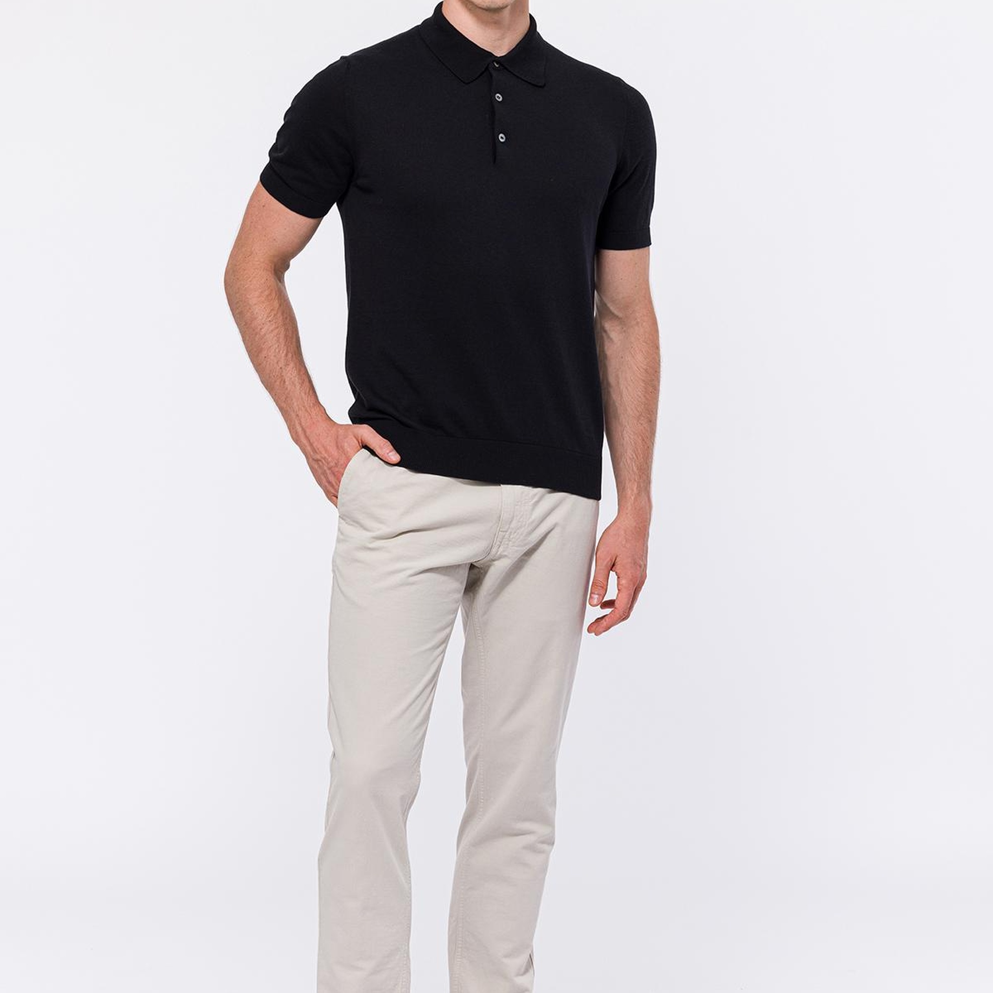 Erkek Siyah İpek Kısa Kollu Polo Yaka Kazak