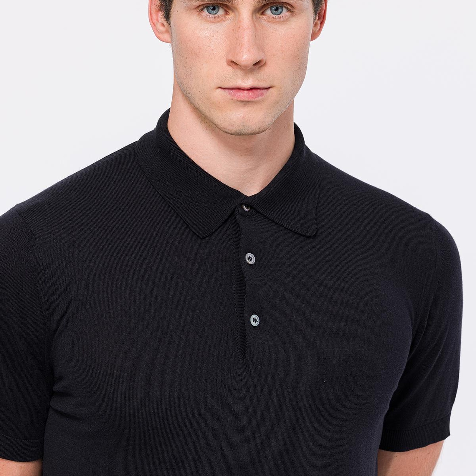 Erkek Siyah İpek Kısa Kollu Polo Yaka Kazak