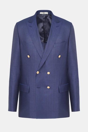  Erkek Lacivert Loro Piana Kumaşıyla Üretilmiş Yün İpek Keten Karışımlı Kruvaze Ceket